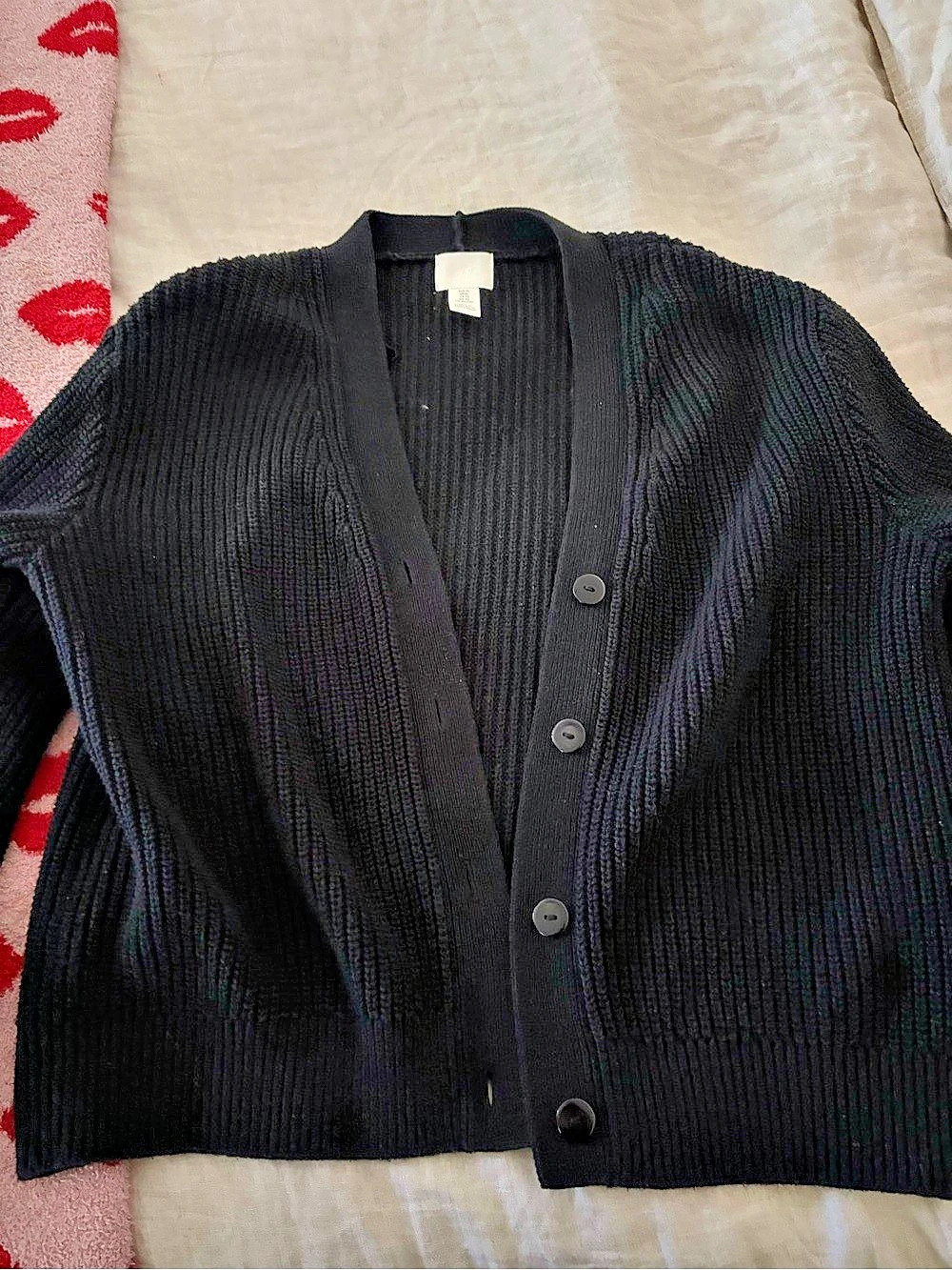 H&M Ribbed Button-Front Cardigan Black Large